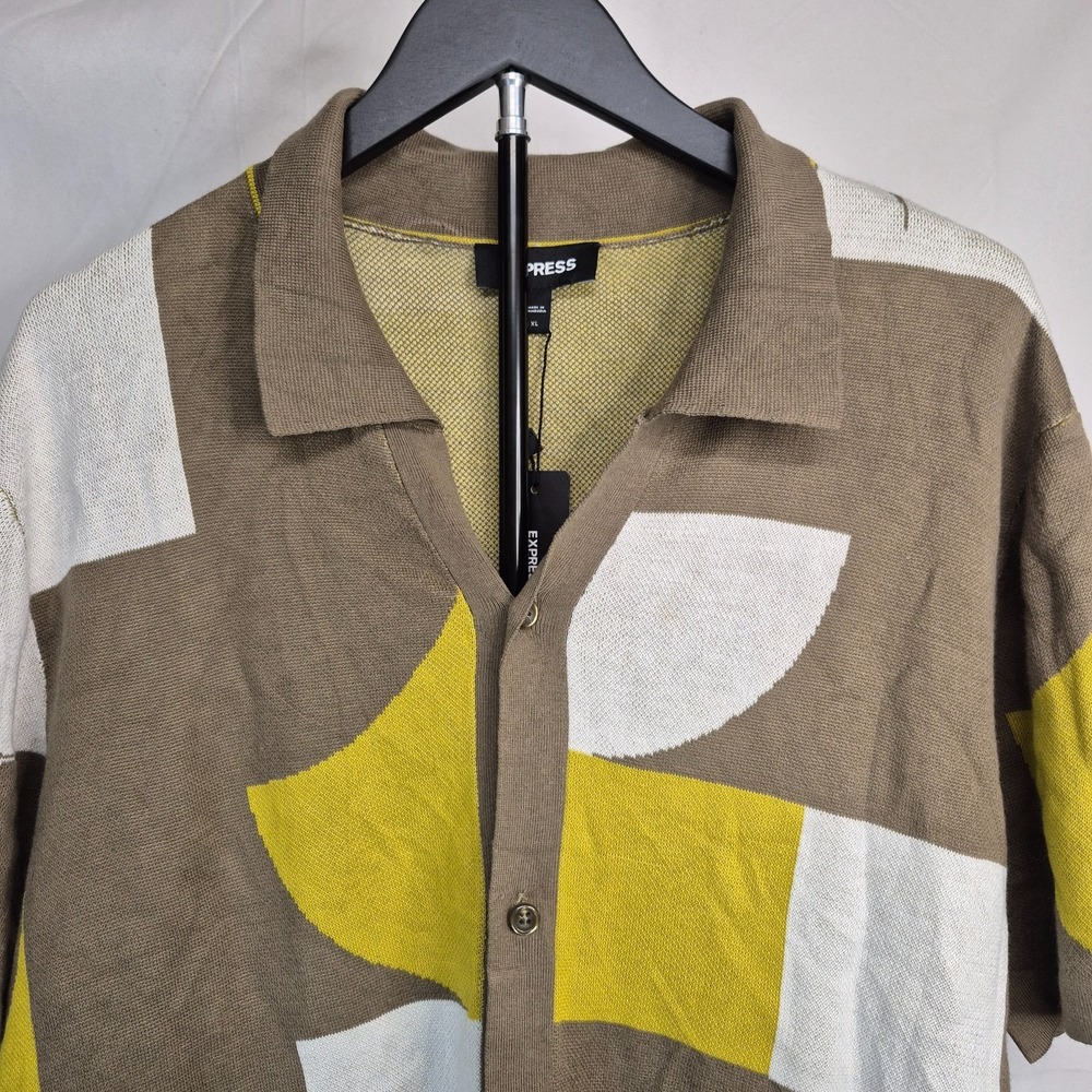 EXPRESS Mens XL Button Up Shirt Abstract Design Brown Yellow Cotton Blend NWT - Picture 2 of 8
